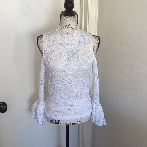 Bebe White Lace Cold Shoulder Top - Picture 1 of 9
